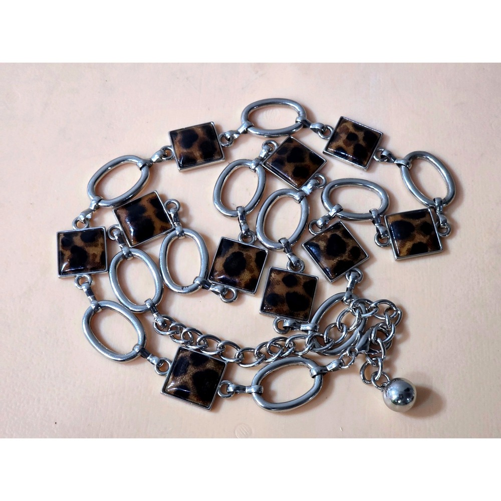 Silver Tone And Animal Print Enamel Chain Link‎ Belt Square & Oval Links 38"